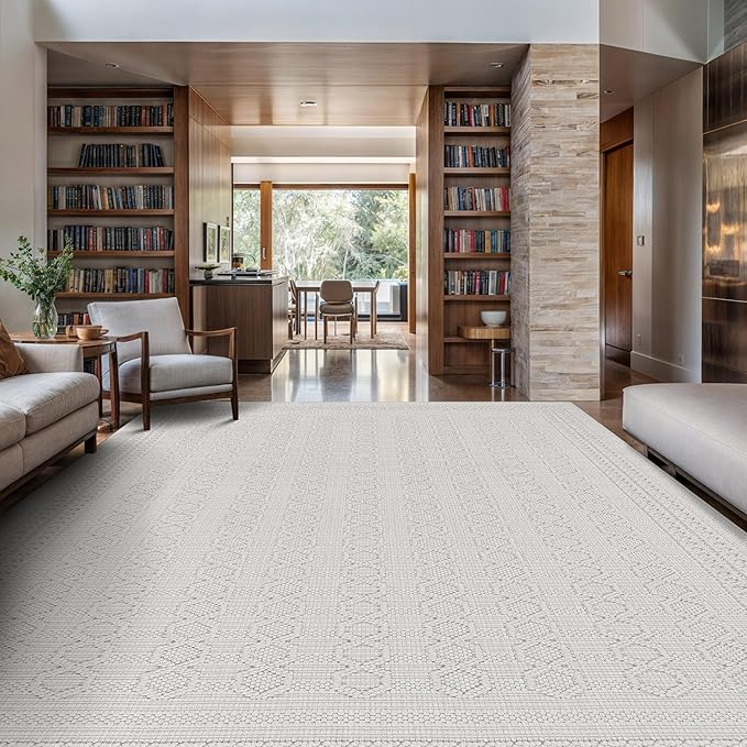 Micro Loop Indoor Rug White 5x7 Boho Geometric Neutral Area Rugs for Living Room Soft Luxury Modern Low and High Pile Durable Stain Resistant Non-Shedding Indoor Area Carpet 5 x 7