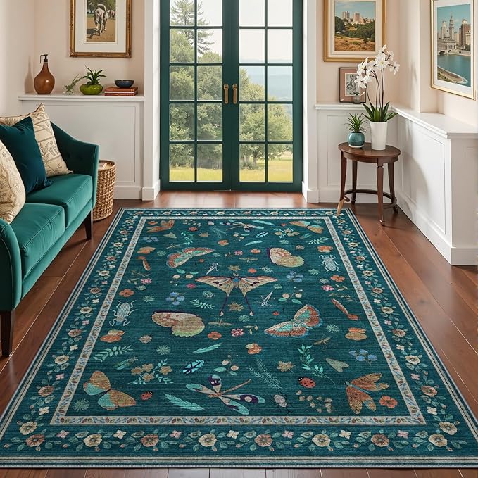 5x8 Insect Print Entryway Rug - Indoor Non-Slip Low Pile Machine Washable Bug Rug for Front Door, Living Room, Bedroom, Kitchen, Nursery, Laundry (5'x8' Teal)
