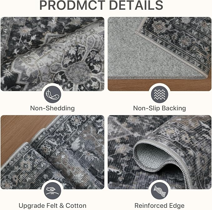 Runner Rug 2'6''x10, Machine Washable Runners, Non Slip Vintage Hallway Runner Rugs, Low Pile Lightweight Mat for Entryway, Hallway, Kitchen and Corridor, Dark Gray