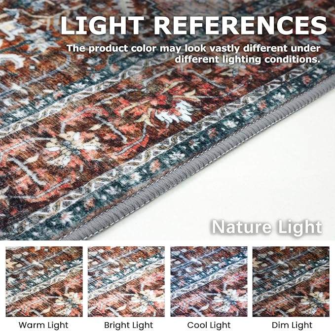 KOZYFLY Boho Area Rug 6x9 Ft Thin Rugs for Living Room Washable Bedroom Rug Non Slip Rugs Printed Faux Wool Vintage Bedroom Rug Floor Carpet for Dining Room Living Room, Brick Red/Orange/Green