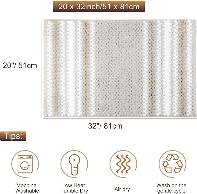 PiccoCasa Chenille Bathroom Rug, Soft Fluffy Absorbent Bath Mat, Medium Pile Striped Carpet Washable Non Slip Bathroom Floor Mats(20"x32",Khaki & White)
