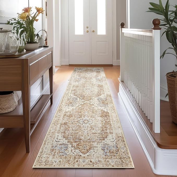 jinchan Kelda Runner Rug 2x7 Hallway Rug Kitchen Washable Runner Vintage Mat Retro Lightweight Non-Slip Floor Cover Distressed Thin Carpet for Entryway Bathroom Bedroom Laundry Room Stairway Brick Red