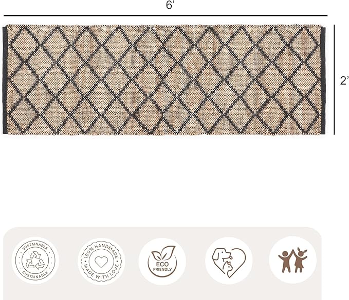 REDEARTH · Jute Cotton Area Rug, Sustainable Handwoven, Non-Shedding, Soft & Durable – Reversible, Neutral Tones for Home Décor in Living Room, Dining Room, Bedroom (Sierra Loom Black, 2'x6')