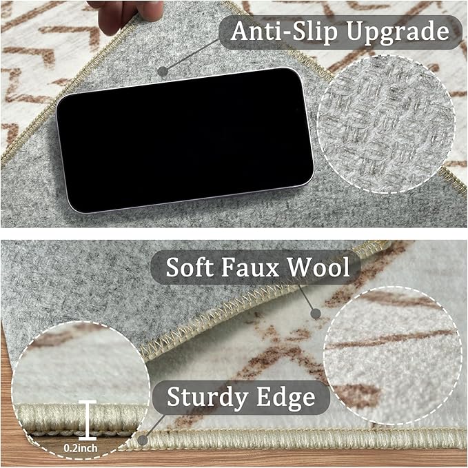 8x10 Machine Washable Area Rug for Living Room, Brown White Vintage Moroccan Rug Large Non-Slip Low Pile Soft Faux Wool Carpet, Kids and Pets Friendly for Bedroom Dining Room Farmhouse Home Decor Rug