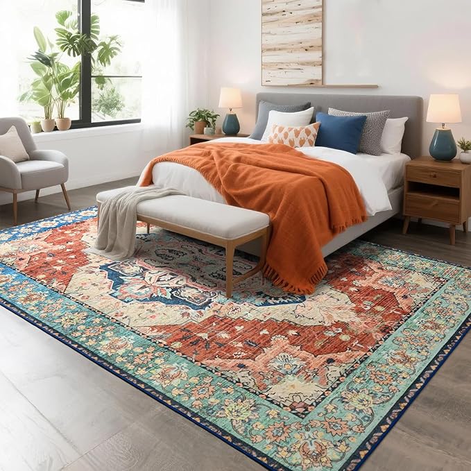 Large Area Rugs 9x12, Low Pile Washable Rugs - Soft Vintage Distressed Rugs for Living Room Bedroom, Office, Dining Room, Water Repellent & Non Shedding, Terracotta