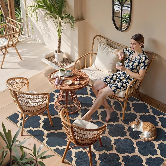 Lahome Moroccan Outdoor Rug 5x7, Easy Jute Blue Washable Rugs for Patio Living Room Outdoor Decor, Geometric Woven Area Rug Non Slip for Backyard, Thin Farmhouse Carpet for Bedroom Dining Room