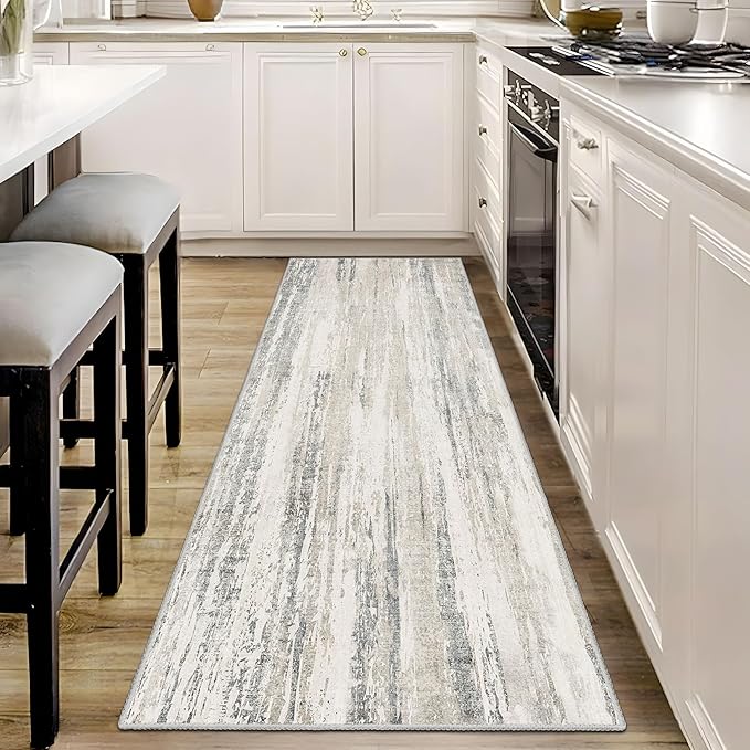 MUJOO Washable Runner Rug 2x6,Modern Abstract Area Rugs for Hallways Kitchen Bedroom Entryway Bathroom Laundry,Non Slip Carpet Long Mat Indoor,Low Pile Throw Rug Accent Neutral Beige and Grey