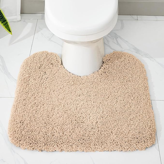 Beige Toilet Rug 22x24 Non Slip Fluffy Toilet Floor Mat U Shaped Washable Bathroom Contour Rug for Toilet Absorbent Thick Toilet Carpet