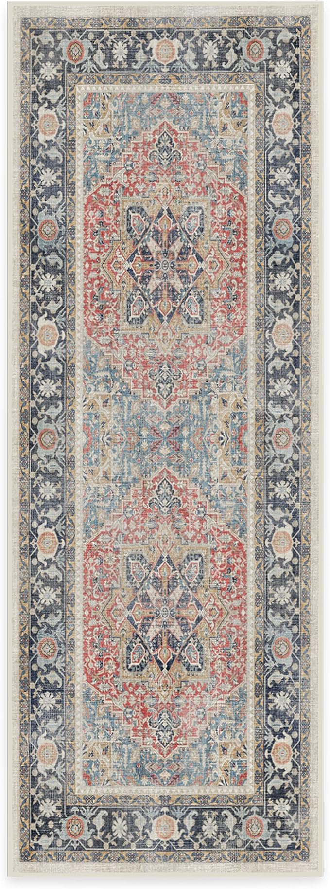 RUGGABLE Washable Vintage Runner Rug – Kamran Cayenne Red 2.5x7, Stain-Resistant, Non-Slip Hallway Runner – Machine Washable Rug for Hallway, Entryway, Living Room & Kitchen–with Cushioned Pad