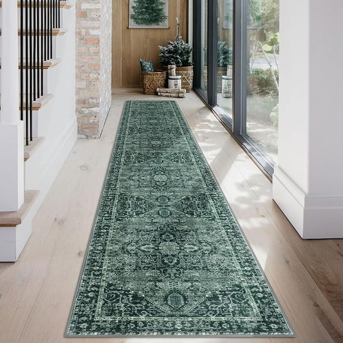 KOZYFLY Runners for Hallways 2x12 Ft Extra Long Washable Kitchen Runner Rug Boho Entryway Rug for Hallways Indoor Printed Faux Wool Stair Runner Carpet for Stairs Kitchen Hall, Dark Green