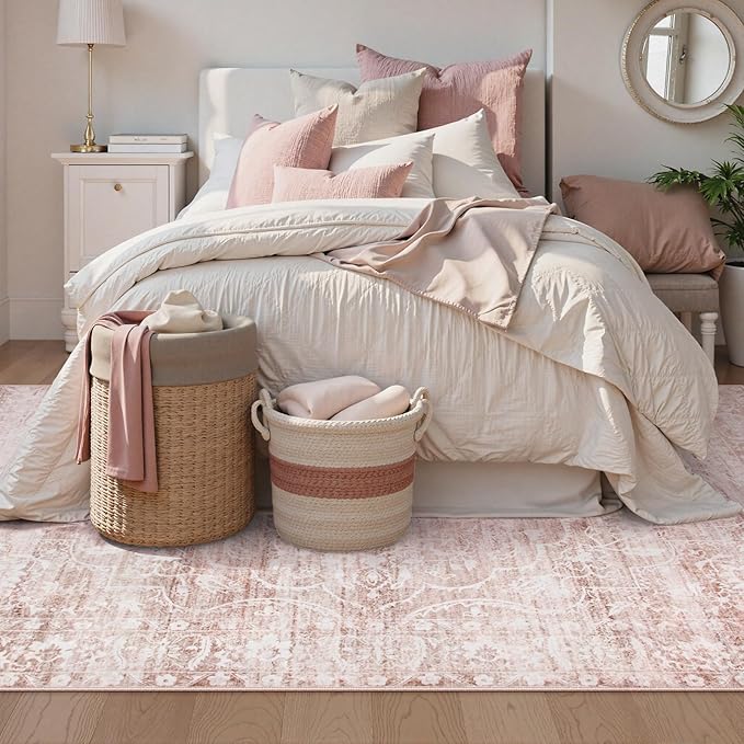 Lahome Pink Rugs for Bedroom Girls,Cute Nursery Rug Boho Area Rugs 5x7,Floral Living Room Rug Carpet Ultra-Thin Soft Washable, Kids Rugs for Playroom Baby Room Decor Dorm (Pink, 5'X7')