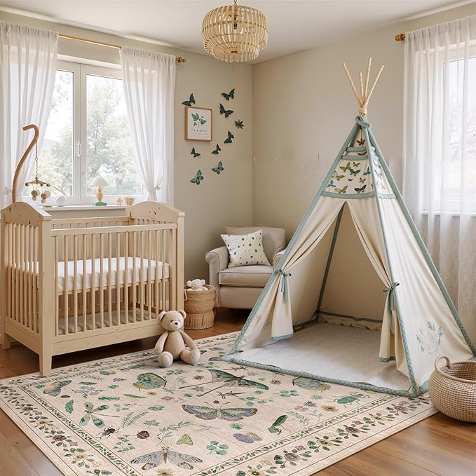 5x8 Non-Slip Insect Print Rug - Indoor Low Pile Machine Washable Bug Rug for Entryway, Front Door, Nursery, Bedroom, Kitchen, Laundry (5'x8' Beige Green)