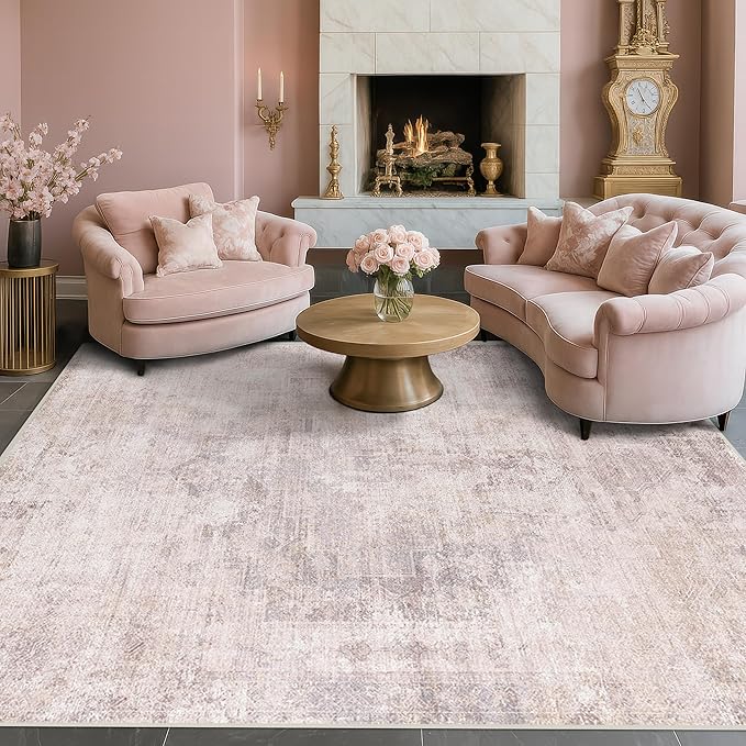 Pink and Grey Living Room Rug 8x10 - Modern Distressed Medallion Area Rug for Dining Room Under Table, Bedroom, Washable Non Slip High Traffic Low Pile Thin Floor Carpet