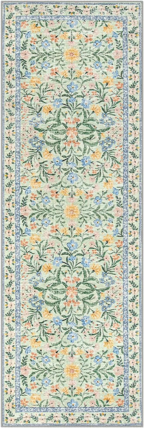 Morebes Washable Kitchen Runner Rug 2x6, Green Boho Floral Hallway Rug Runner Non Slip,Vintage Flower Soft Ultra-Thin Indoor Throw Carpet for Entryway Bathroom Laundry Room