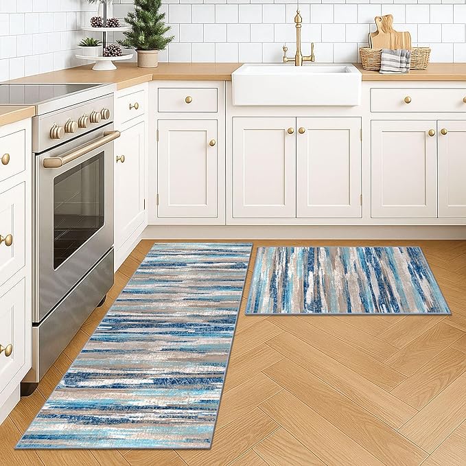 Modern Abstract Kitchen Rug Set of 2, 2x3 and 2x5 Blue Washable Rug Runner Non Slip Kitchen Mat, Soft Faux Wool Throw Carpet for Entryway, Hallway, Bedroom, Bedside, Laundry Room, Office