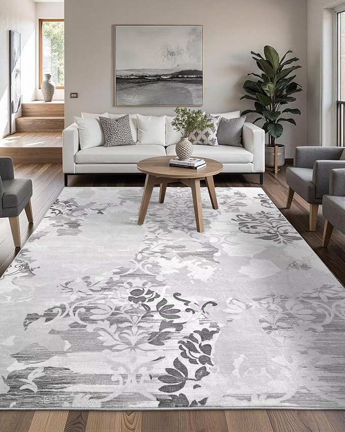 Washable Abstract Rug, 6x9 Classic Grey and White Floral Area Rugs with Non-Slip Rubber Backed for Living Room, Low Pile Modern Throw Carpet Bedroom Dining Room Decor