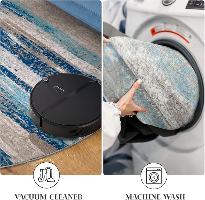 Modern Abstract Round Rug 5Ft, Blue Round Rug Washable Non-Slip Soft Small Circle Rug, Circular Dining Room Rugs Thin Print Faux Wool Carpet for Bedroom Living Room Office Playroom