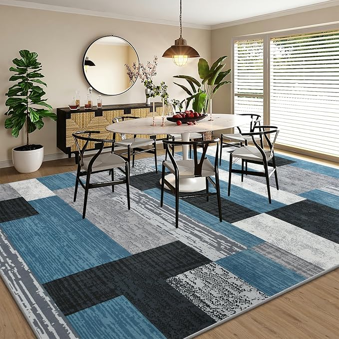 Large Area Rugs,Modern Geometric Patchwork Floor Decor for Bedroom Aesthetic Carpet, Rockwood Collection, Indoor Rugs for Living Room, Dining Room, Nursery, Office, Machine Washable Rug,8x10 Ft Blue