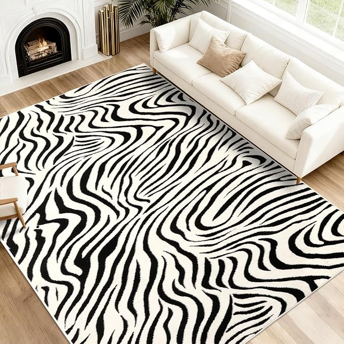 YIHOUSE 8×10 Ft Area Rugs for Living Room: Modern Washable Rug - Abstract Black and Cream White Rug for Bedroom Dining Room Office Playroom Nursery Home Decor - Nonslip Non-Shedding Striped Rugs