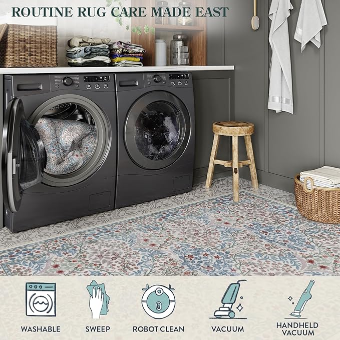 Lahome Floral Washable Rugs 8x10, Soft 8x10 Area Rugs for Living Room Bedroom, Boho Non-Slip Forest Stain Resistance Large Throw Carpet for Farmhouse Dining Room Office, Beige/Blue