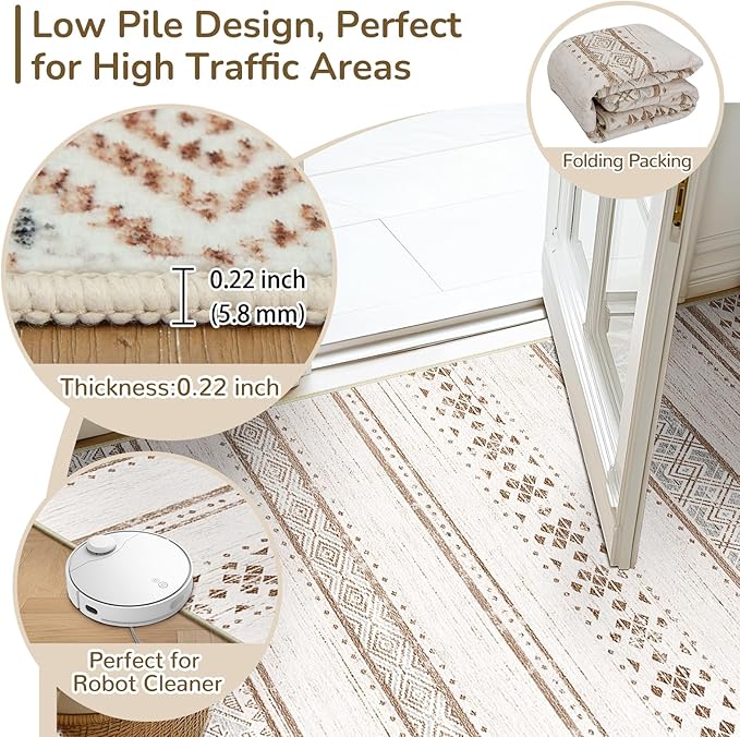 BESTSWEETIE 2x6 Area Rugs for Living Room Washable Moroccan Farmhouse Neutral Geometric Low Pile Non-Slip Soft Print Pattern Rug for Bedroom Kitchen Dining Room Entryway Cream/Brown/Pink