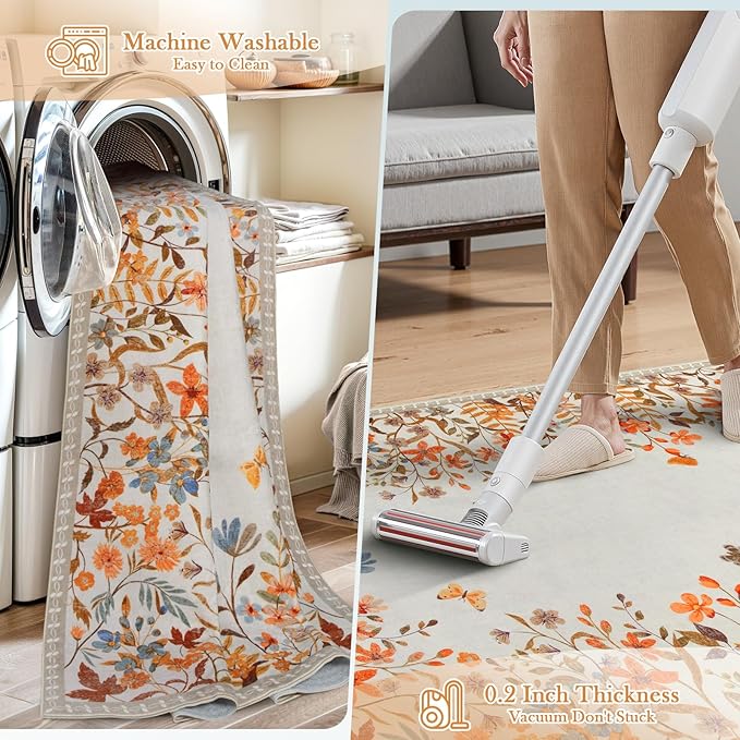Wonnitar Fall Washable 5x7 Rug for Bedroom, Low Pile Soft Boho Floral Living Room Area Rug, Non Slip Throw Carpet for Girls Room Nursery Playroom Guest Room (Orange,5'x7')