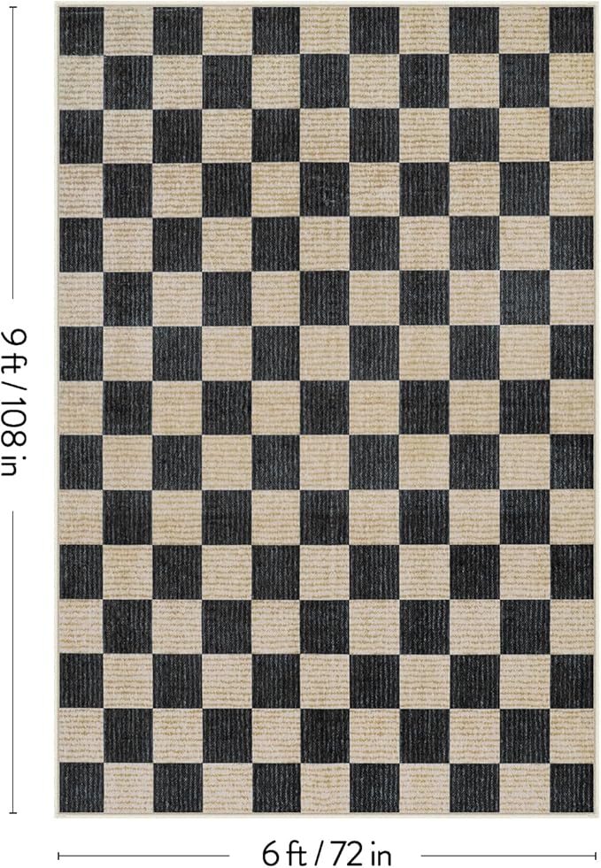 LIVEBOX Machine Washable Area Rug 6x9 Checkered, Non Slip Soft Large Bedroom Living Room Rug Farmhouse Neutral Classic Geometric Boys Rug, Indoor Carpet for Den Dorm Playroom(Black,6'x9')