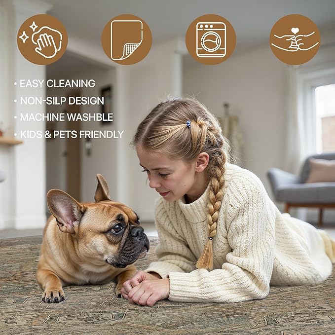 Bavni Runner Rug 3x8 Kitchen Rugs for Hallways Entryway, Washable Vintage Print Carpet, Ultra-Thin Chenille Low Pile Lightweight Rug with Non Slip Backing, Warm Taupe