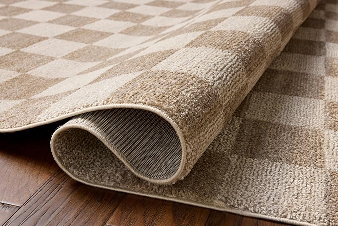 Loloi Chris Loves Julia Calvin Collection CLV-01 Pebble/Ivory 11'-6" x 15'-7" Area Rug Checkered Neutral Soft Living Room Bedroom Carpet
