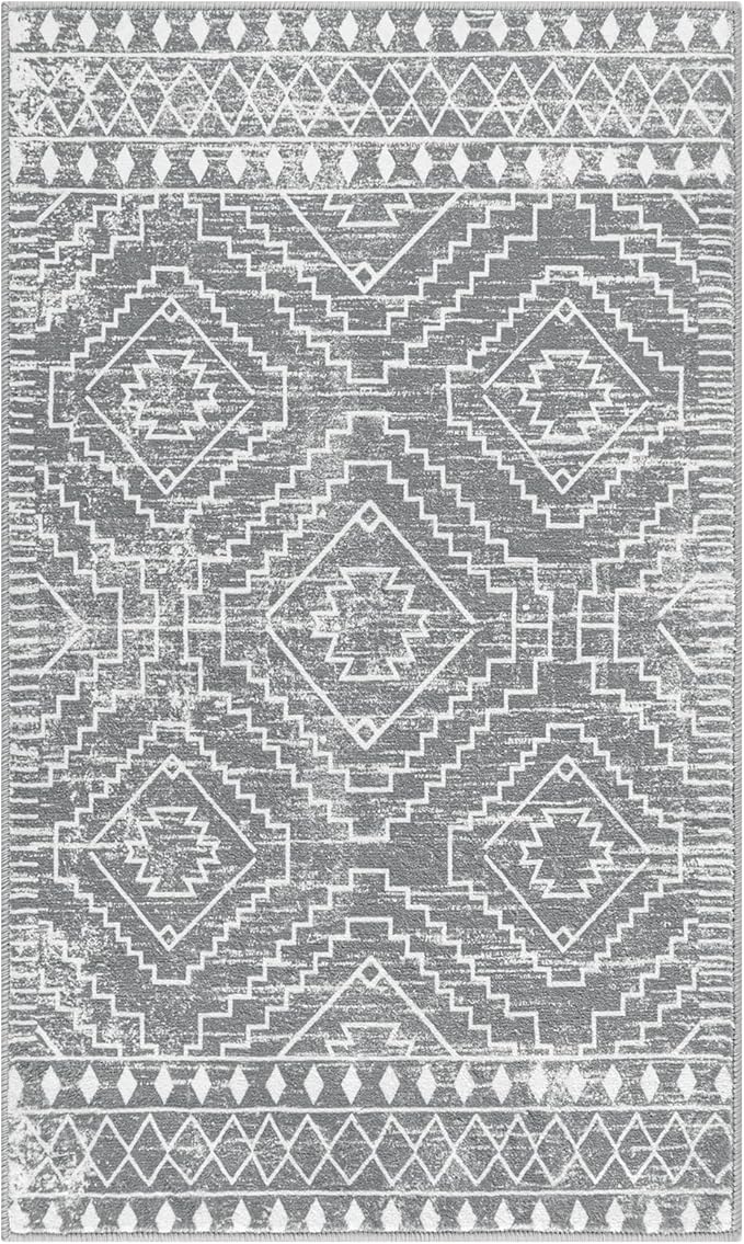 Wonnitar Moroccan Area Rugs 3x5, Gray Washable Entry Rug,Non-Slip Boho Small Bedroom Throw Mat, Non-Shedding Farmhouse Soft Low Pile Floor Carpet for Kitchen Bathroom Living Room (Silver Grey,3'x5')