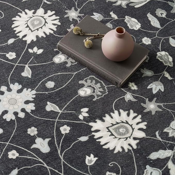 EVERGRACE Hallyway Area Runner Rugs 2x6, Boho Floral Faux Wool Indoor Outdoor Rugs, Washable Rugs for Bedroom Bathroom Living Room Kitchen, Low Pile Floor Mat Carpet for Home Decor, Ebony Black