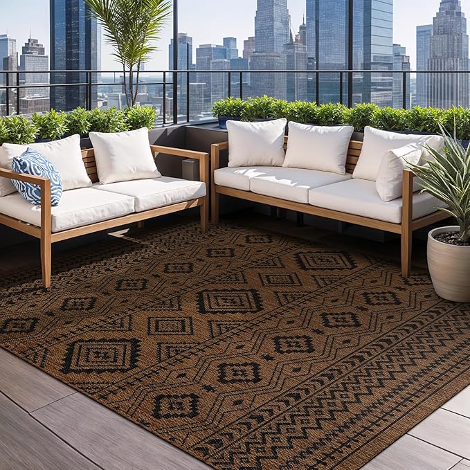 Beverly Rug Waikiki Boho Indoor Outdoor Rug 10x14, Washable Outside Carpet for Patio, Deck, Porch, Bohemian Area Rug, Farmhouse Rugs, Aztec Tribal Rug, Nut Brown and Black