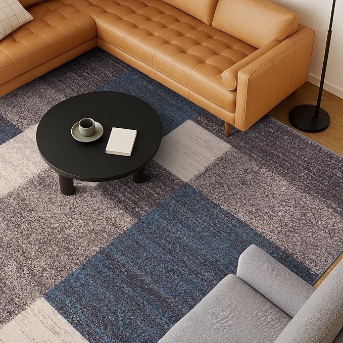 Rugshop Contemporary Blue Geometric Boxes Non-Slip Area Rug Non-Shedding for Living Room, Dining Room and Office, 9' x 12'