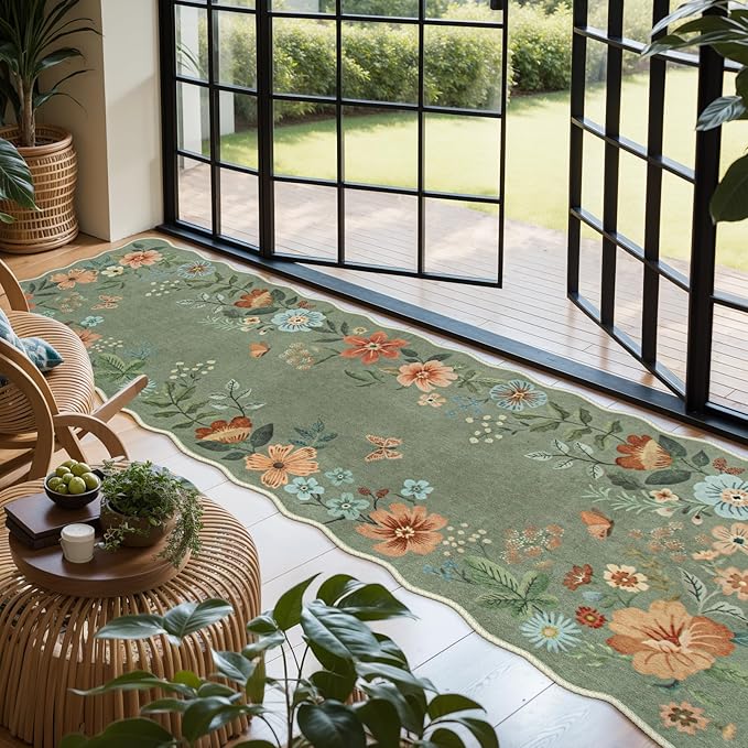 Lahome Floral Washable Runner Rug, 2'6''x8' Soft Hallway Runner Rug Non Slip, Boho Ultra-Thin Kitchen Runners for Hallways with Rubber Backing Carpet for Laundry Bedroom Bathroom(Green)