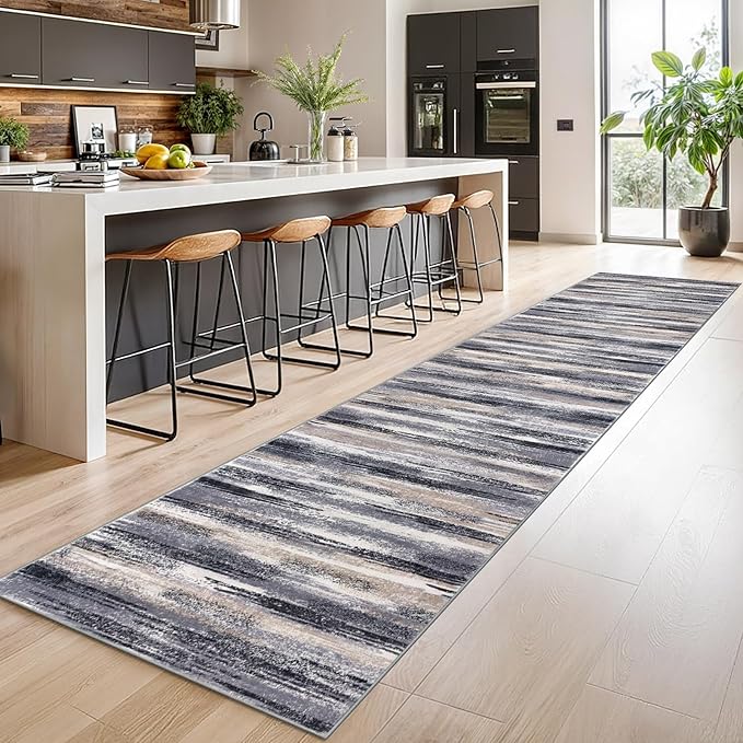 Modern Abstract Runner Rug 14' x 2'7'' (Runner), Grey, 0.32 Inch Thick, Non-Slip, Machine Washable, Faux Wool