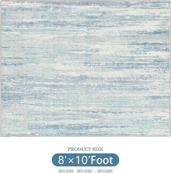 MUJOO 8x10 Area Rugs,Washable Rugs for Living Room Bedroom Dining Room,Modern Abstract Large Non Slip Carpet Indoor,Low Pile Throw Rug Accent Neutral Blue