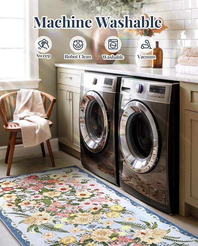 Floral Runner Rug 2x6 - Washable Vintage Kitchen Rug Low Pile Non-Slip Carpet for Entryway Hallway, Laundry, Bedroom - Soft, Stain Resistant Indoor Area Rug - Blue