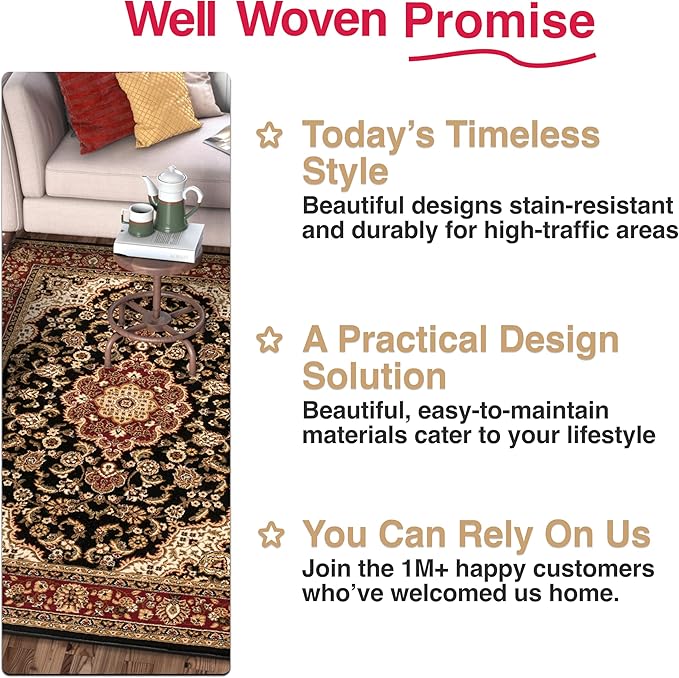 Well Woven Barclay Collection Medallion Kashan Black 8x10 Area Rug - for Living Room, Bedroom, and Dining Room