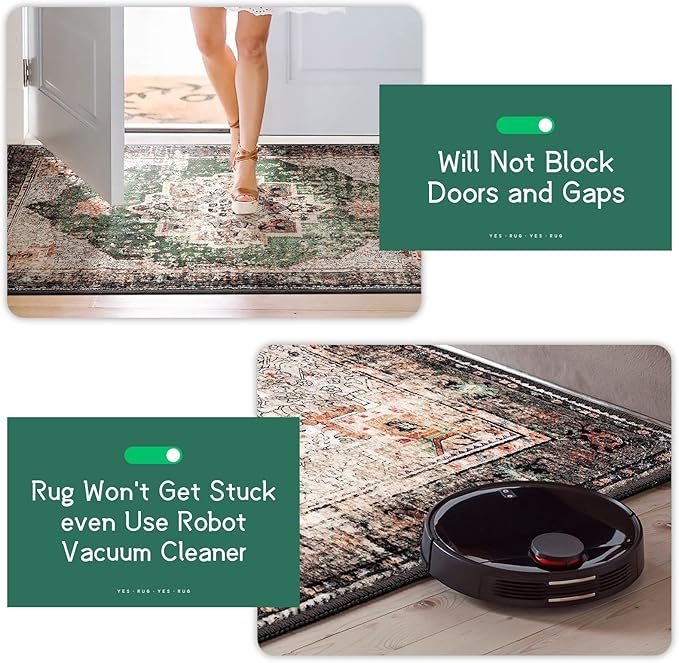 9x12 Area Rugs for Living Room Green Boho Washable Vintage Low Pile Non-Slip Large Carpet for Bedroom Dining Room