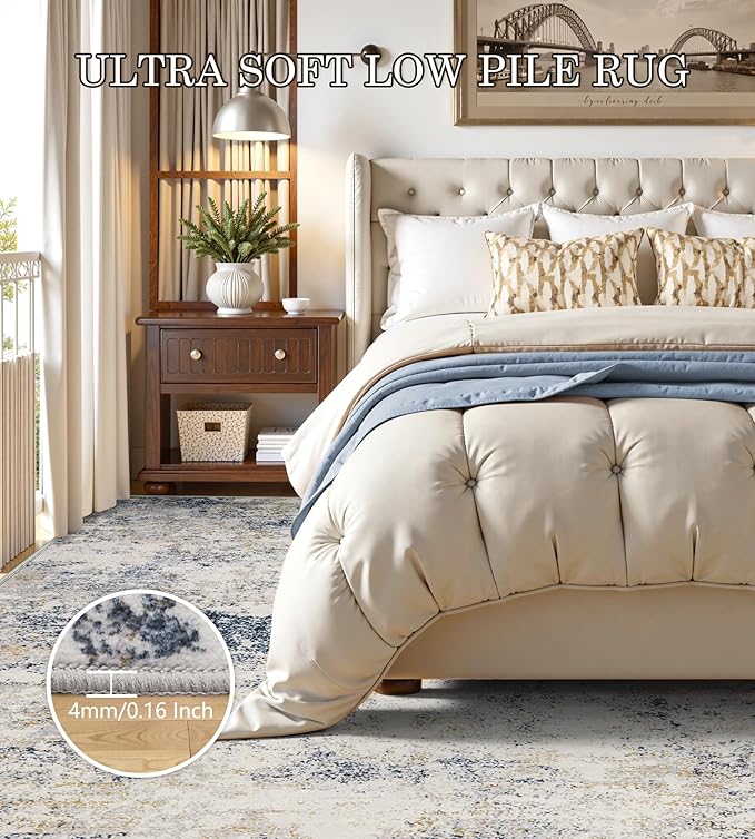 5x7 Washable Area Rugs - Modern Abstract Rugs for Living Room Non-Slip Low Pile Soft Machine Washable Carpet for Bedroom, Dining Room, Nursery, Home Office, Farmhouse (5'x7' Beige Blue)