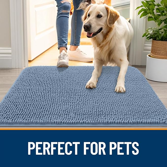 OLANLY Dog Door Mat for Muddy Paws 44x32, Absorbs Moisture and Dirt, Absorbent Non-Slip Washable Doormat, Quick Dry Chenille Mud Mat for Dogs, Entry Indoor Entryway Carpet for Inside Floor, Airy Blue