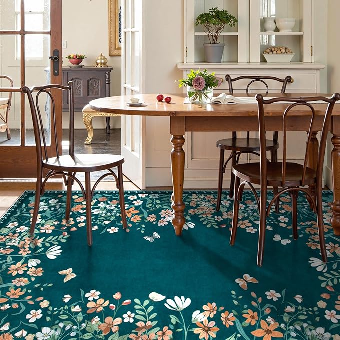 Wonnitar Washable 8x10 Area Rug, Non-Slip Teal Green Floral Rugs for Living Room, Low Pile Soft Bedroom Rug, Stain Resistant Floor Carpet for Dining Room(Teal Green,8'x10')