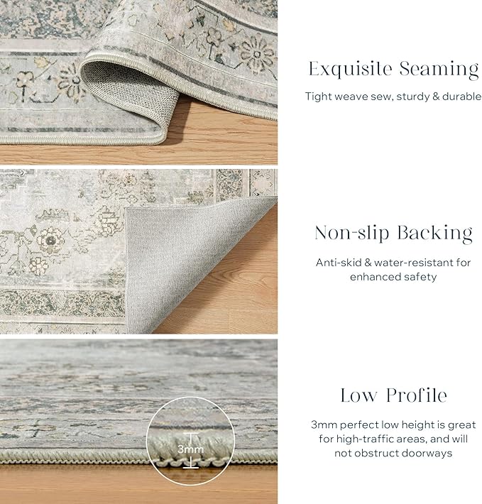 Phantoscope Washable Area Rug 6'x9' Non-Slip, Vintage Neutral Rugs for Living Room, Bedroom, Dining Room, Distressed Boho Medallion Pattern, Low-Pile Foldable Floor Carpet, Silver Grey/Taupe