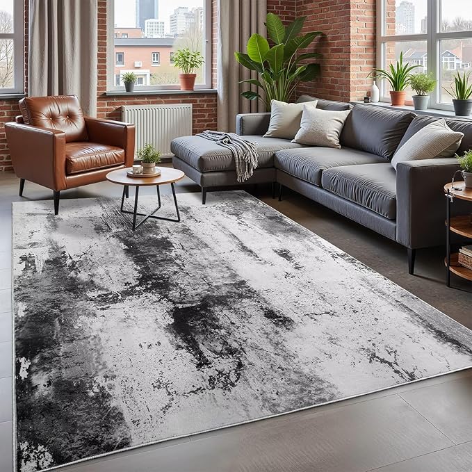 Washable Abstract Rug, 5x8 Modern Area Rugs with Non-Slip Rubber Backed for Living Room, Thin but Soft Contemporary Carpet Kitchen Bedroom Dining Room Decor, Black Grey