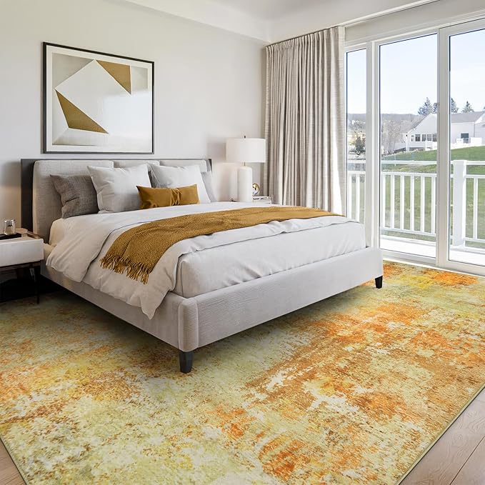Washable Area Rug 5x7 - Neutral Modern Abstract Rugs, Soft Non Slip Thin Carpet with for Bedroom, Under Dining Room Table, Home, Office, Dorm, Office Rolling Chair - Yellow Brick