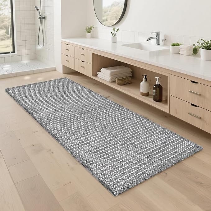 Grey Bathroom Rugs 24"x48"Non Slip Braided Bath Mat for Bathroom Floor Washable Boho Luxury Bath Rug for Tub Soft Vintage Absorbent Shower Sink Mat