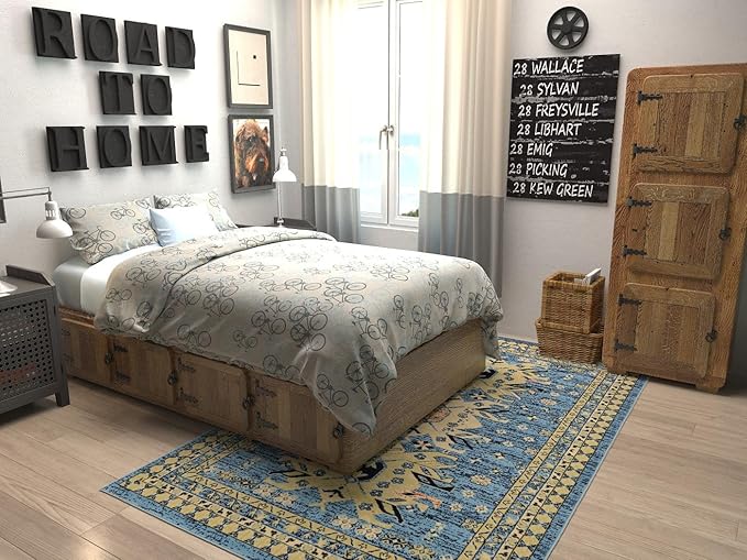 Unique Loom Taftan Collection Border Geometric Tribal Inspired Design Area Rug (5' 0 x 8' 0 Rectangular, Light Blue/ Gold)