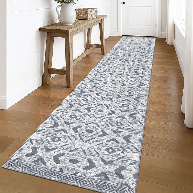 KILOCOCO Hallway Runner Rug 2.6'x16' Washable Printed Moroccan Runner Rugs Non Slip Entryway Rugs Soft Indoor Long Floor Rug for Bedroom Kitchen Living Room Geometric Boho Carpet Runners, Grey White