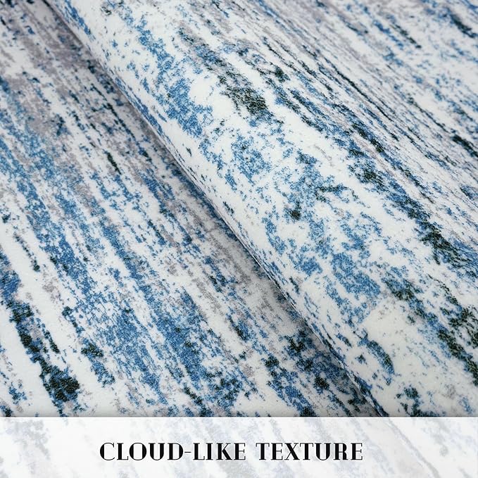 Modern Abstract Runner Rug 2.6x10, Grey Blue White Washable Long Kitchen Runner Non-Slip Soft Hallway Rug Runner Thin Print Faux Wool Carpet for Entryway Bedroom Laundry Room Indoor Home Decor