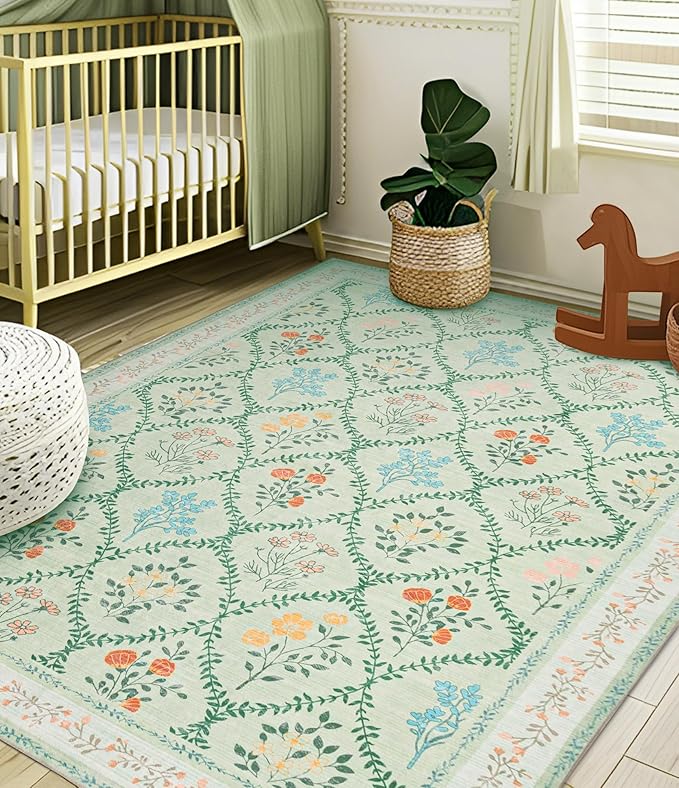 YIHOUSE Green Floral Print Rugs, Moroccan Trellis 9x12 Washable Large Rug, Modern Pastel Non Slip Ultra-Thin Area Rug for Classroom, Nursery Playroom,Dorm,Bedroom,Living Room, Green Multi